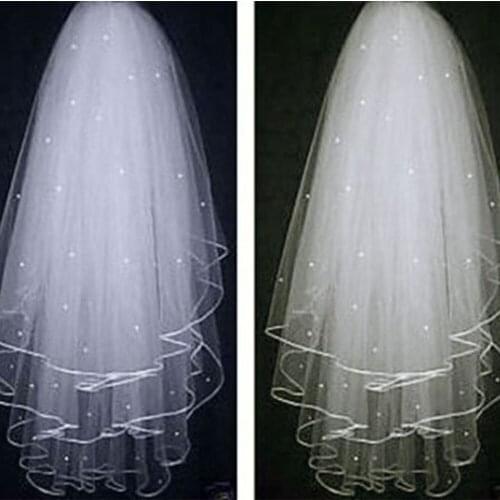 In Stock Cheap White Ivory Three Layers Ribbon Edge Wedding Veil With Pearls Short 3 Layers Bridal Veil Velos De Noiva