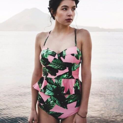 Vintage Pink Leaf Print PEPLUM Tankini Two-Piece Suits Women Bandeau Swimsuit High Waist Bathing Suit Swimwear Retro Beachwear