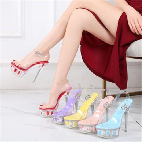 Womens Transparent Crystal 14CM Heels Waterproof Platform Sandals Female Model Walk Show Shoes Steel Pipe Dance Nightclub Shoes