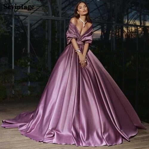 Sevintage Purple Ball Gown Satin Prom Dresses Sexy Deep V-Neck Evening Party Gowns Pleats Special Occasion Dress for Women