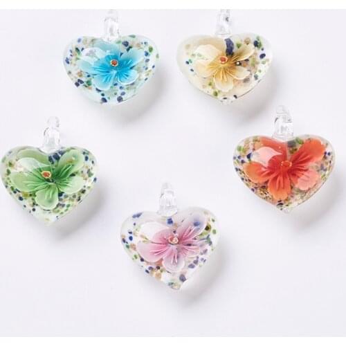 10pcs Mixed Color Handmade Lampwork Inner Flower Pendants Heart Flat Round Pendant jewelry making DIY necklace F70