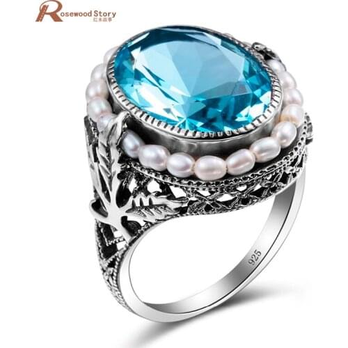 100% Natural Pearl Rings Moonlight Blue Stone CZ Real 925 Sterling Silver Engagement Wedding Ring Vintage Fine Jewelry For Women