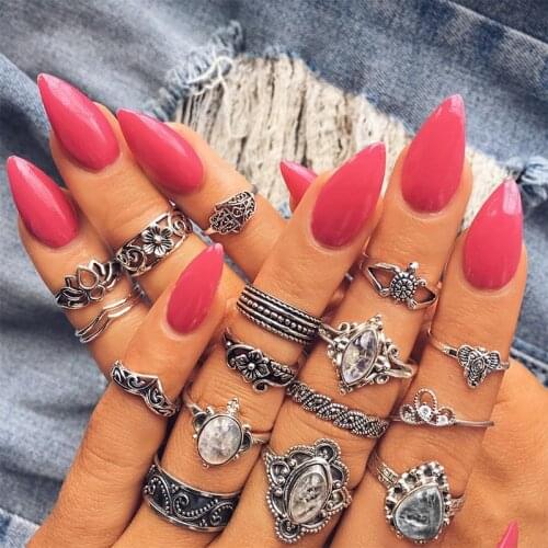 16 Pcs/Set Women Fashion Punk Personality Tortoise Elephant Hand Wave Flower Leaf Water Drop Crystal Gem Joint Ring Jewelry