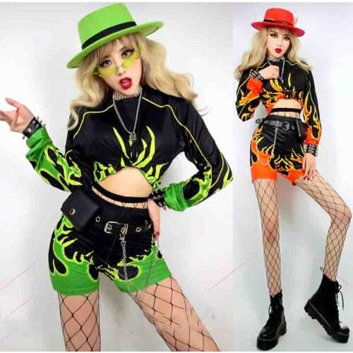 2021 Hip-Hop New DS DJ Red Green Flame Printing Long-Sleeved Top Shorts Women Costume Performance Clothing Rave Outfits XS1496