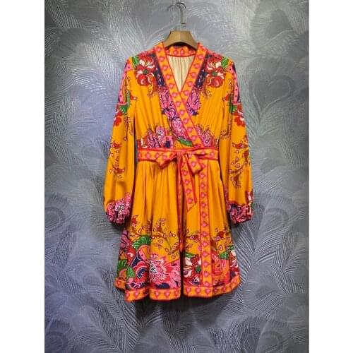 2021 Autumn Runways High quality womens floral print V-neck long sleeves dress C412