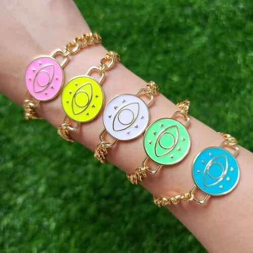 5Pcs Round Eye Charms Bracelet, Gold Colorful Enamel Eye Boho Bracelet, Adjustable Bracelet, Link Chain Bracelet