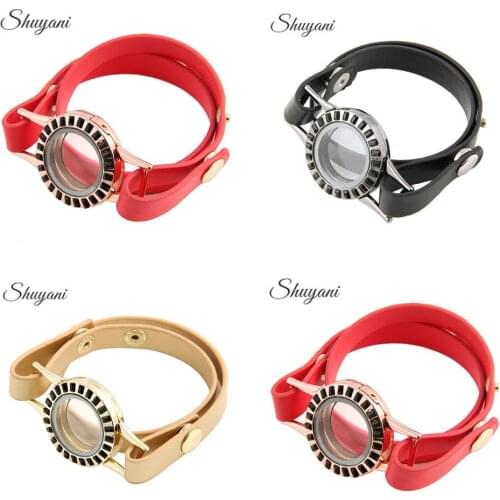 5pcs/lot 3 Color Mix Crystal Round Magnetic Memory Glass Living Locket Bracelet Red Leather Wrap Locket Bracelet For Men/Women