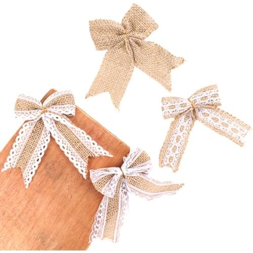 5pcs Handmade Hessian Burlap Bow Vintage Rustic Wedding Christmas Birthday Party Festival Home Decoration Gift Packaging DIY
