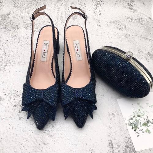 BS1228 Custom Handmade SlingBacks Dress Pumps Big Size High Heel Women Shoes Bridal Wedding Navy Blue Crystal Shoes And Bag Set