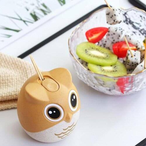Wheat Straw Cartoon Owl Toothpick Holder Box Hand Press Automatic Toothpick Cans Base Room Decorate Toothpicks Case