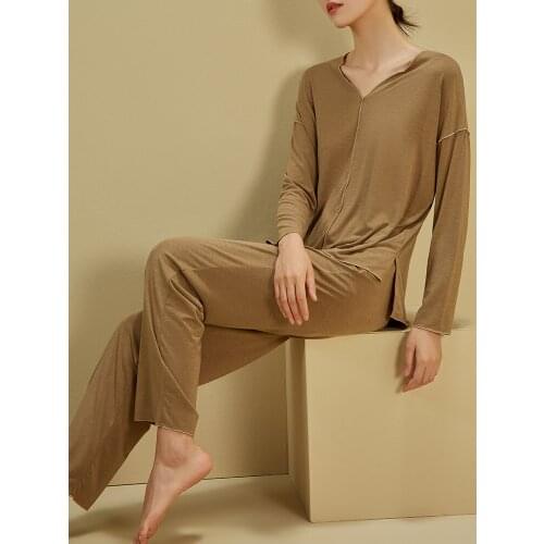 Home Wear Womens Casual Spring Autumn Thin Skin-Friendly Pullover Trousers Long-sleeved Pajamas Western Style Two-piece Suit
