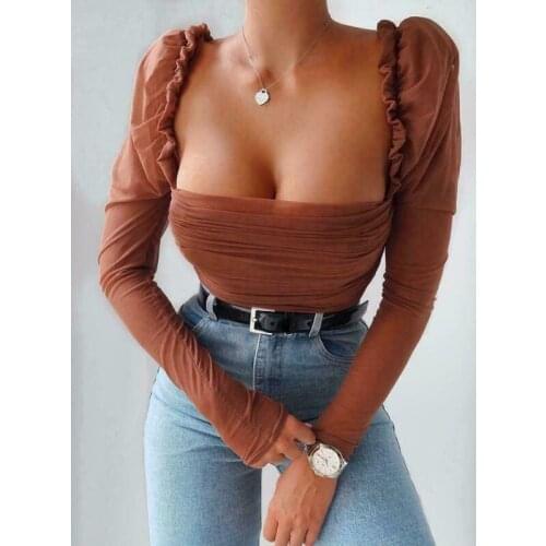 Women Sexy Mesh Puff Sleeve T Shirts Casual Top Solid Mesh Patchwork Puff Sleeve Ruched T Shirts Casual square neck t shirts