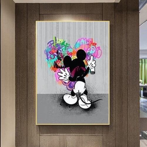 Graffiti Art Creative Black and White Cartoon Mickey Mouse Canvas Poster and Prints Wall Art Pictures for Living Room Cuadros