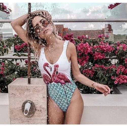 Hot Women Swimwear Sexy Flamingo Cartoon Print Sleeveless Backless Tight-Fitting Ruffled Jumpsuit Swimsuit Beach Vacation Set