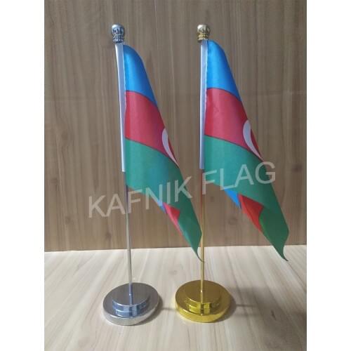 KAFNIK,Azerbaijan Office table desk flag with gold or silver metal flagpole base 14*21cm country flag free shipping