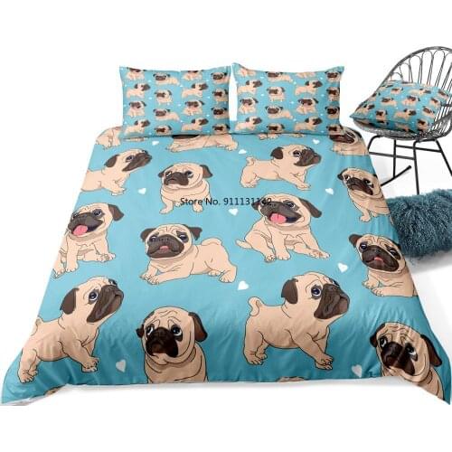Cartoon Pugs Bedding Kids Boys Girls Funny Dogs Duvet Cover Set Blue Background Pet Quilt Cover Queen Bed Set 3pcs Blue Dropship