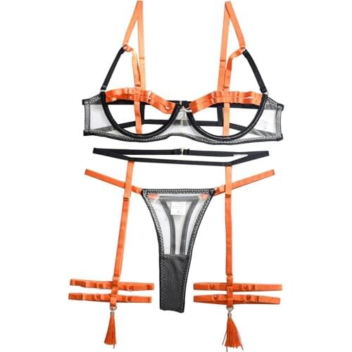 3Pcs Mesh Perspective Women Underwear Set Cut Out Bra Set Ladies Fashion Sexy Sensual Lingerie Erotic Bra Garter Briefs Sets