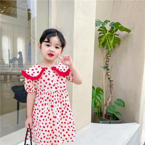 Korean Kids Dresses for Girls 2021 Summer New Baby Girl Polka Dot Dress Toddler Peter Pan Collar Short-sleeved Princess Dress