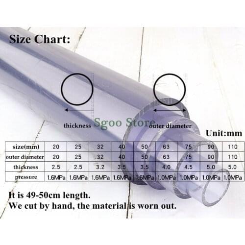 Outer Diameter 63/75/90/110/140/160mm PVC Transparent Pipe Aquarium Fish Tank Tube Garden Irrigation Watering Fittings 50cm Long