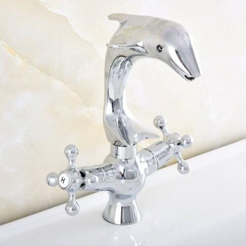 Polished Chrome Brass Swivel Spout Dual Cross Handles Cute Animal Dolphin Style Bathroom Kitchen Sink Faucet Mixer Tap asf852