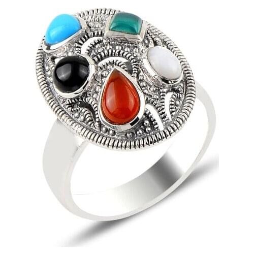 Silver 925 Sterling Mixed Natural Stone & Marcasite Ring