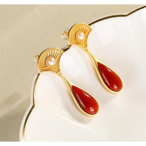 Natural Hotan Enamel porcelain chalcedony fan-shaped Drop Earrings Chinese style retro unique craft small design womens jewelry