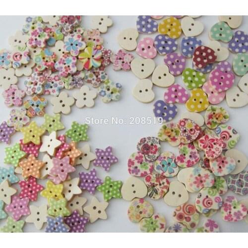 WBNVOV 18MM wooden Buttons star/floral/heart printed Mix 100pcs Decorative scrapbooking button
