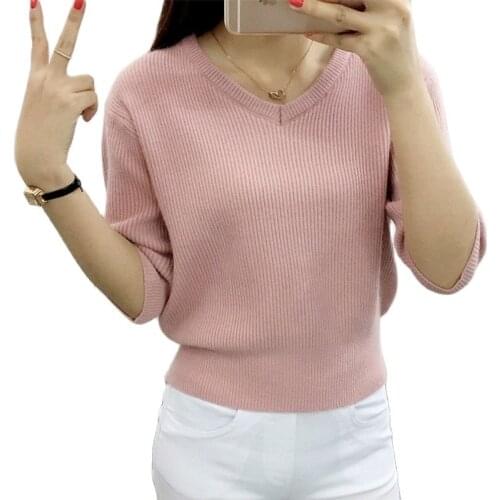 V neck knit loose shirt female 2017 new spring and summer head short sweater fashion coat