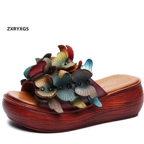 New Classic Flowers Fish Mouth Summer Slippers Fashion Sandals 100% Full Genuine Leather Slippers Women Increase Wedges Sandals