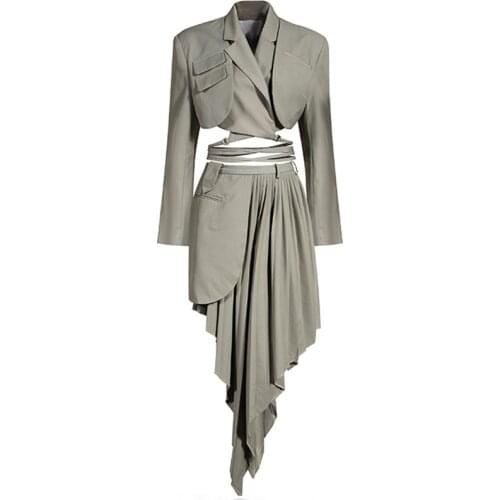 Two Piece Set Women Crop Blazer Jacket+Asymmetrical High Waist Pleated Skirt High Street