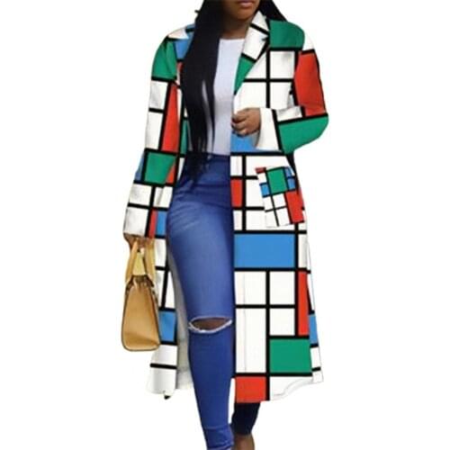 Women Coat 2021 Color Block Plaid Double-breasted Autumn Winter Lapel Pockets Buttons Jacket African Clothes
