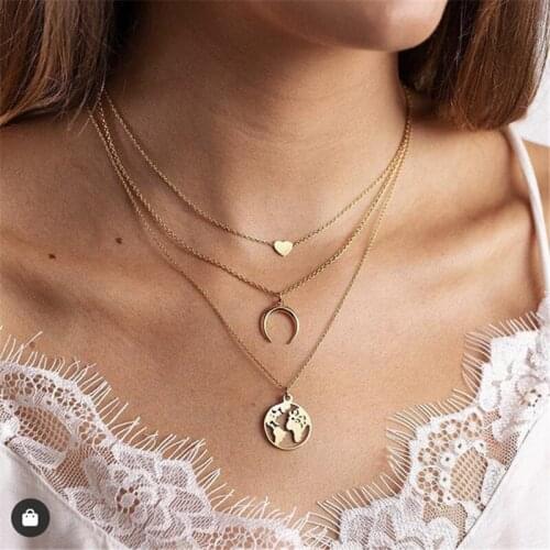 Retro Heart Crescent Map Pendant Multilayer Alloy Necklace for Women