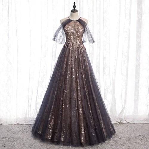 Bespoke Occasion Dresses Illusion O-Neck Short Sequined Beading Tulle Lace Backless Luxury Gray Women Formal Evening Gown HB110