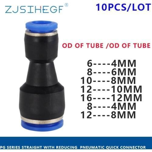 10pcs/Pack PG Pneumatic Fittings 2-Way Straight Connector Diameter Reduce For 8mm-6mm/6mm-4mm For Pneumatic Tube Air Hose