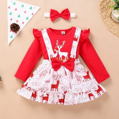 3Pcs Baby Suit Girls Christmas Outfits Ruffle Long Sleeve Reindeer Letter Tops Suspender Skirt Headband Set
