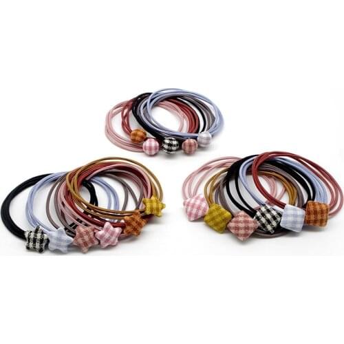 6pcs in) Girls thicker hair deco simple checked button design knotted Hair Elastics Bands Gums toddler ponytail holder