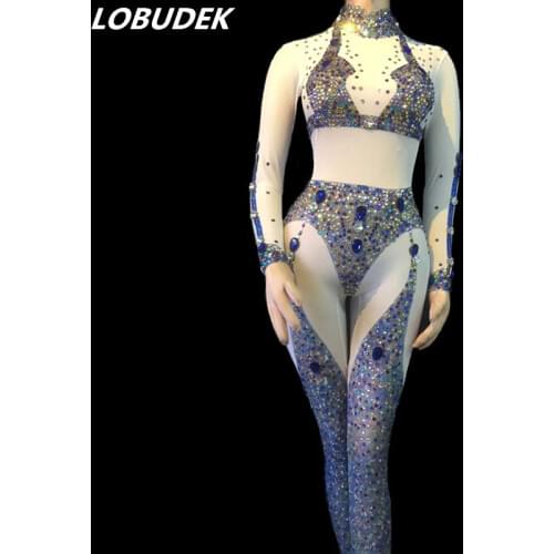 Colorful Rhinestones White Mesh Jumpsuit Sexy Perspective Bodysuit Sexy Women Stage Dance Outfit Nightclub Performance Costume