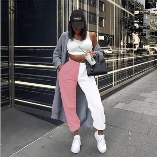 High Waist Patchwork Color Block Cargo Pants Women Fall Winter Streetwear Sweat Jogger Korean Harajuku Black Pink White Clothes