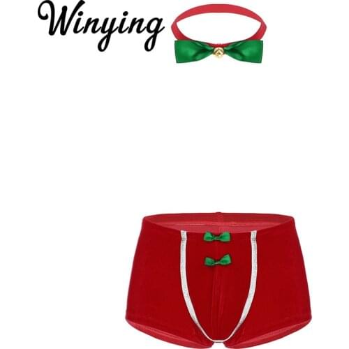 Men Christmas Underwear Sexy Lingerie Red Velvet Bulge Pouch Boxer Shorts with Bowtie Festival Rave Santa Cosplay Fancy Costume