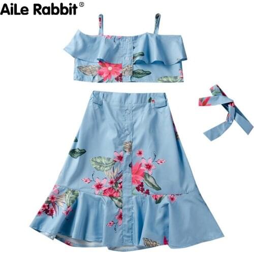 Summer Hot Floral Girl Suit Strap Long Skirt Headband 2 Piece Set Fresh Flower Childrens Clothing For Girls Ins Fashion Style