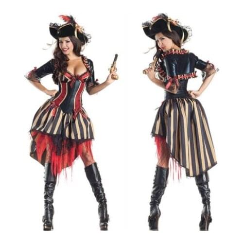 Halloween carnival women sexy costume party costumes New Pirates of the Caribbean cosplay dress+hat DS uniform Adult