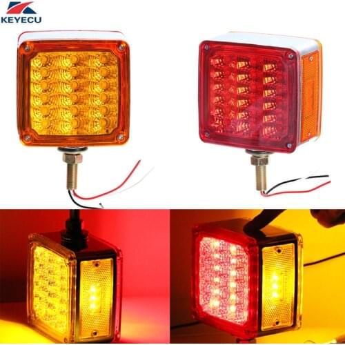 KEYECU 2X 12V Red/Amber 39 LED Square Double Face Pedestal Stop Turn Signal Tail Lights Lamps Truck Fender Marker Clear Lights
