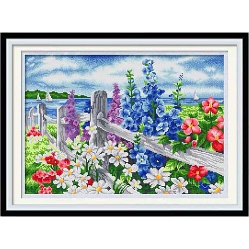 Beautiful Blooming Flowers Seascape in Spring Stamped Cross Stitch Kit Embroidery needlework set