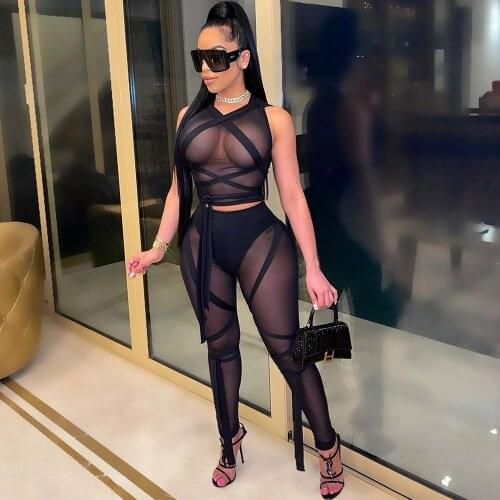 Ribbons See Through Mesh 2 Piece Sets Womens Outfits Club Wear Festival Clothing Crop Top and Leggings Set Party Matching Sets