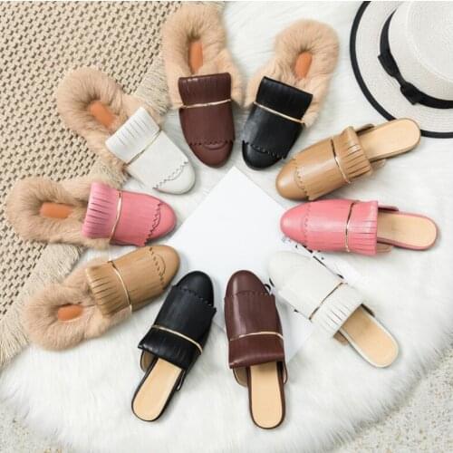 Fur slides Muller shoes 2021 new outdoor wild casual rabbit fur slippers female lazy shoes flat half slippers womens shoes