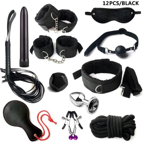 12Pcs BDSM Bondage Set Handcuffs Nipple Clamps Whip Spanking Metal Anal Plug Gag Collar Erotic Sex Accessories Adult Games