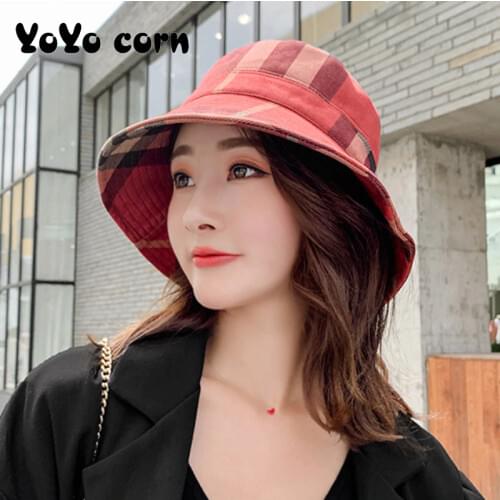 YOYOCORN Autumn and winter plaid fisherman hat fashion ladies casual sweet wild sunscreen sunshade outdoor folding cap