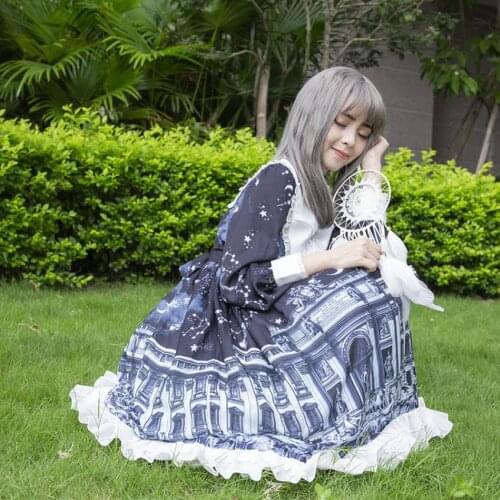 Royal fairy japanese style soft sister lolita dress female mori girls Shirayuki cartoon pattern printed gown dress F1309