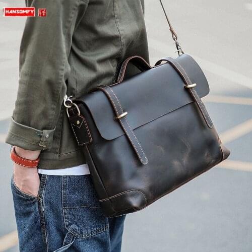 Crazy horse leather mens bag business portable briefcase retro messenger bag tooling messenger bag leather computer bags