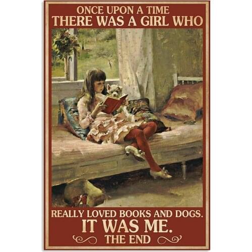 Time Books and Dogs Reading Poster Vintage Painting for Street Garage Home CafeFarm Wall Decoration Crafts Metal Tin Sign